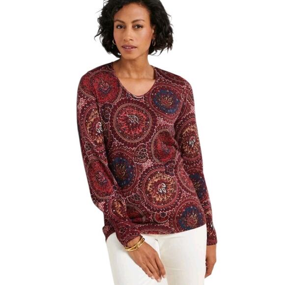 Talbots Pure Merino Wool Puff Sleeve Burgendy Pink Paisley Sweater Plus Size 1X - Picture 1 of 10